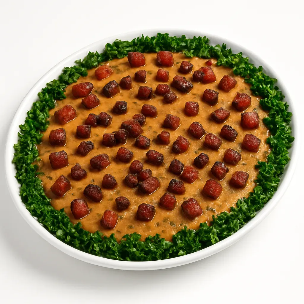 A traditional Brazilian comfort dish from Minas Gerais featuring creamy bean puree, crispy bacon, savory sausage, and vibrant greens, perfect for a cozy meal that embodies Brazilian homestyle cooking.