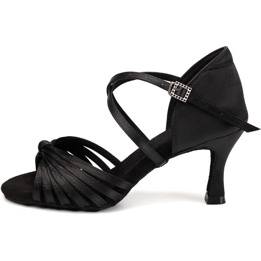 These Women's Latin Dance Shoes are designed for ballroom and salsa dancing practice. They feature an open toe design and a 2-inch heel, providing support and stability while dancing. The black satin material gives the shoes a sleek and elegant look, perfect for performances or competitions.