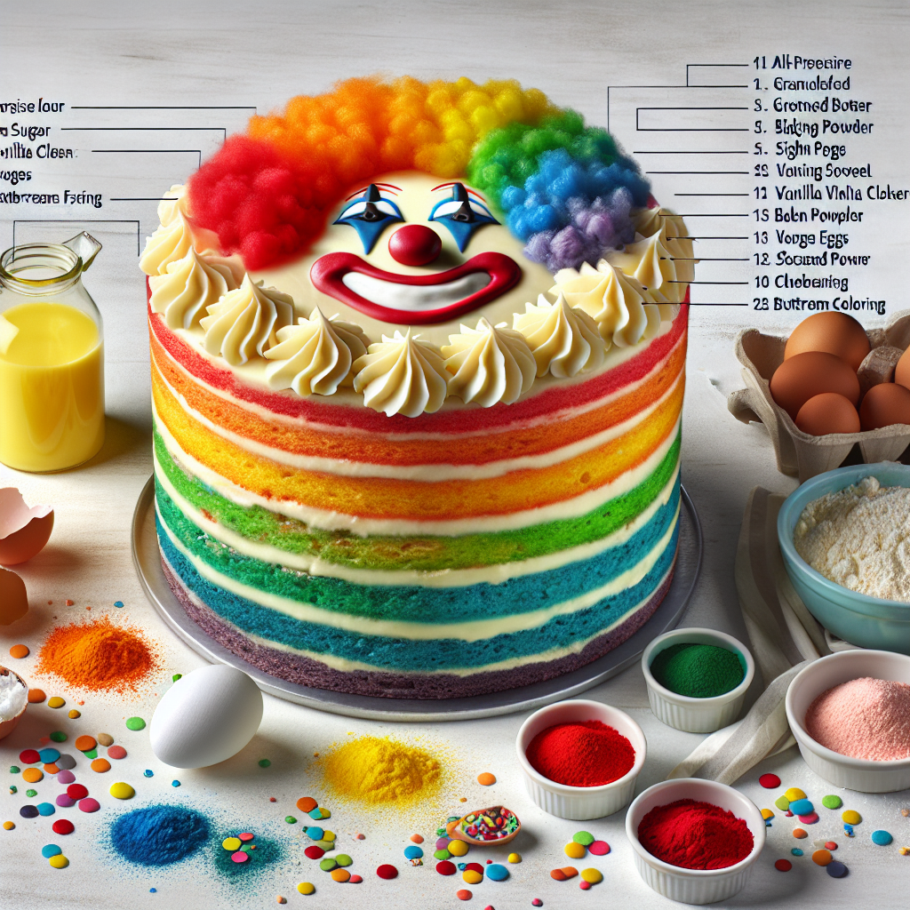 The Rainbow Clown Cake is an eye-catching dessert featuring layers of vibrant, colored cake, reminiscent of a clown's colorful outfit. It's made by dividing a vanilla cake batter into separate portions, each tinted with a different food coloring to create the rainbow effect.