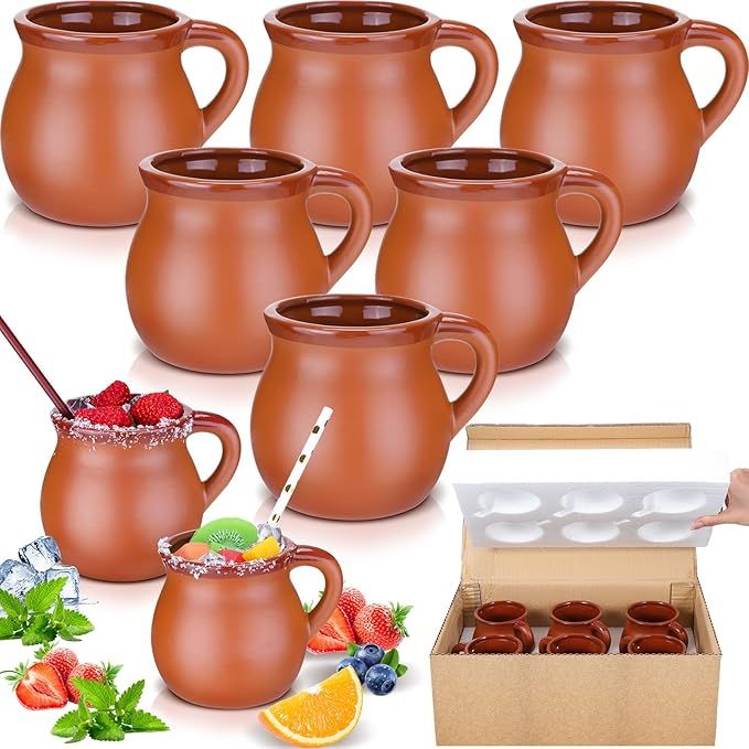 The Gejoy Pack of 6 12 oz Cantaritos De Barro Mexican clay mugs are artisan-made coffee mugs, cocktail glasses, and tea cups. The mugs are made of traditional Mexican clay and are known for their unique design and earthy appearance.