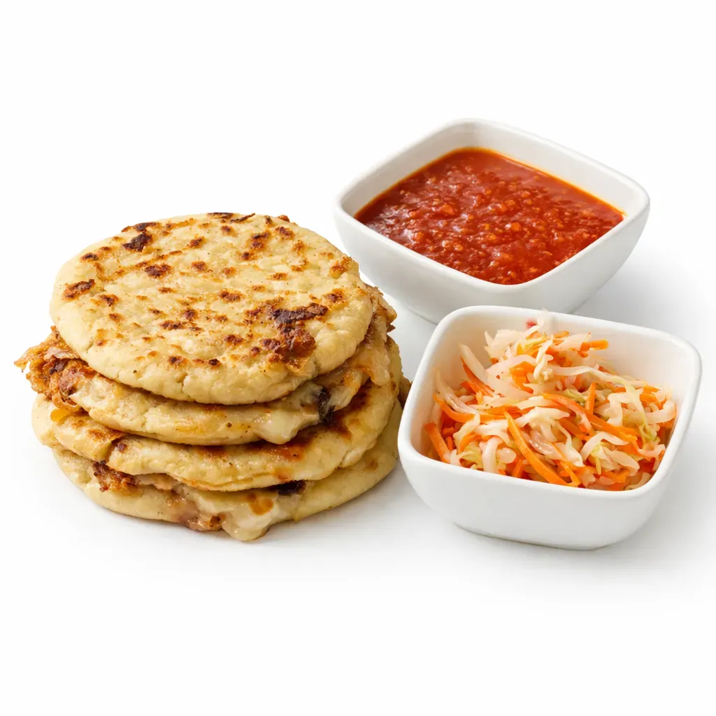Delectable Salvadoran treats made from masa harina filled with creamy beans and cheese, served crispy and hot with curtido and salsa.
