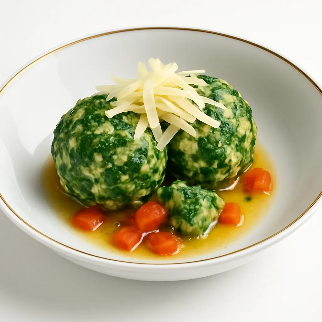 Delightful homemade spinach dumplings served with nutty brown butter and fresh tomatoes, finished with Parmesan cheese. Comforting and satisfying, perfect as a main course.