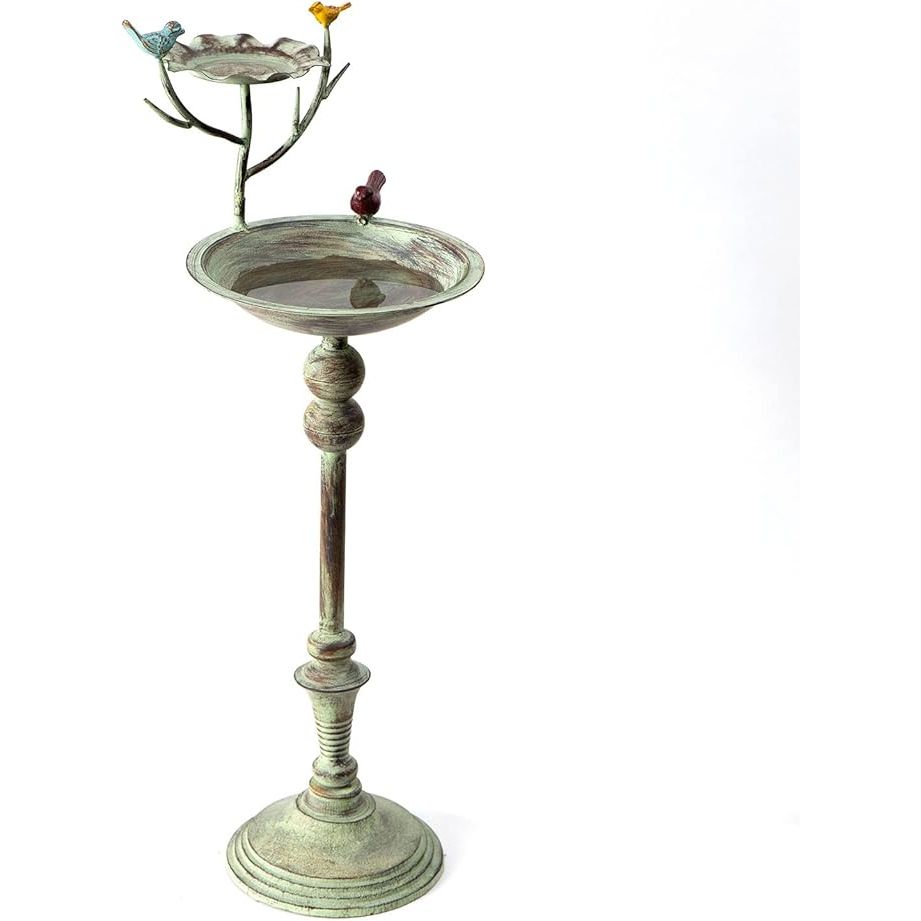 The 25" Iron Bird Bath for Outdoors is a stylish and functional addition to any outdoor space. This bird bath and feeder combo comes with a stand, allowing you to easily place it in your yard or garden. The distressed green finish adds a rustic touch to your outdoor decor, while providing a safe and inviting space for birds to drink and bathe.