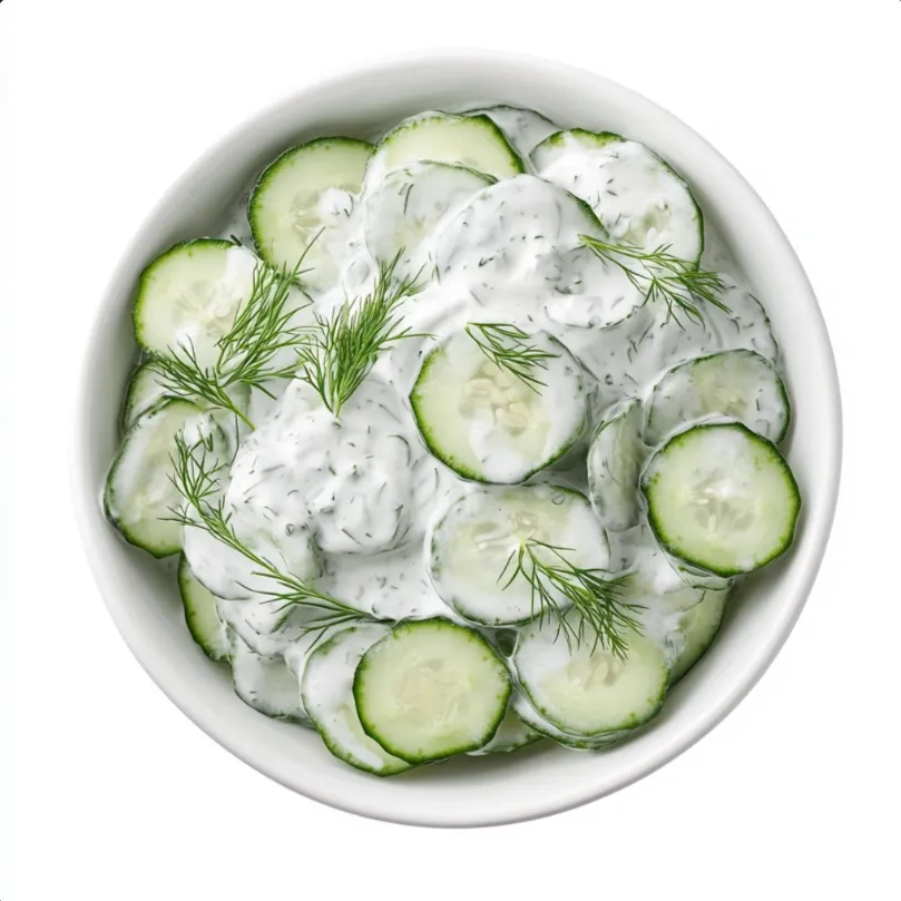 Cucumber Dill Salad is a fresh and light side dish that features thinly sliced cucumbers and fresh dill, all tossed in a creamy, tangy dressing. The dressing is made with a blend of Greek yogurt or sour cream, lemon juice, garlic, and spices, creating a delightful combination of flavors that complement the crispness of the cucumber.