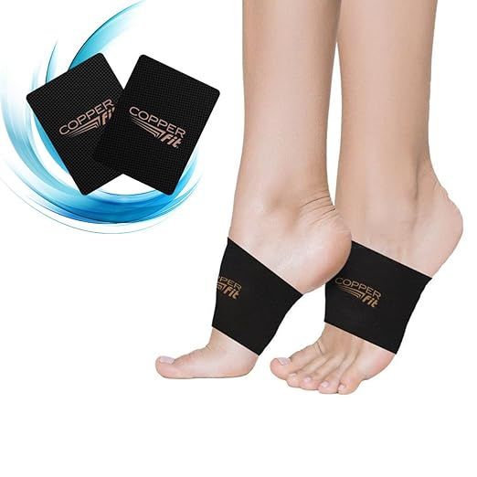 Copper Fit Health Unisex Arch Relief Compression Bands are designed to provide relief from plantar fasciitis and swelling in the feet. Made with copper-infused compression fabric, these bands aim to reduce pain and inflammation while improving circulation.