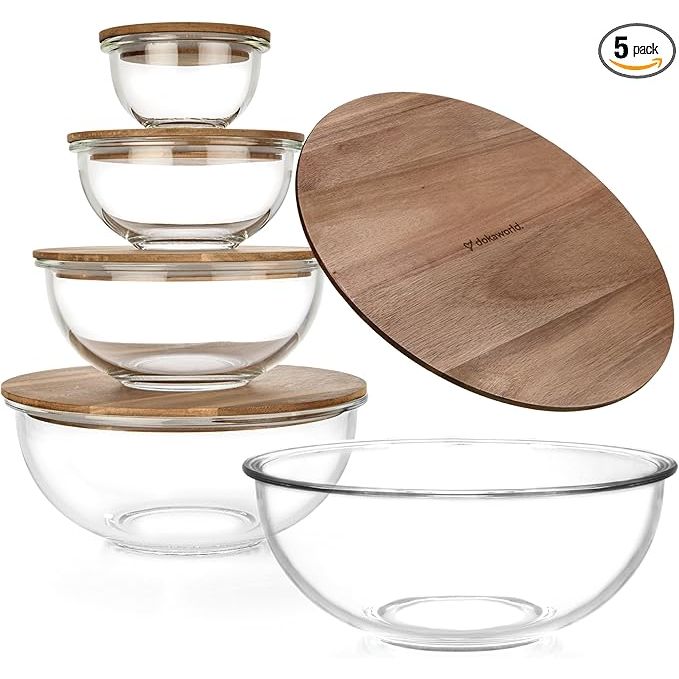 Organize your kitchen and keep your food fresh longer with this stackable glass mixing bowl set. The space-saving design allows the round bowls with lids to neatly nest inside each other, saving precious cupboard space.