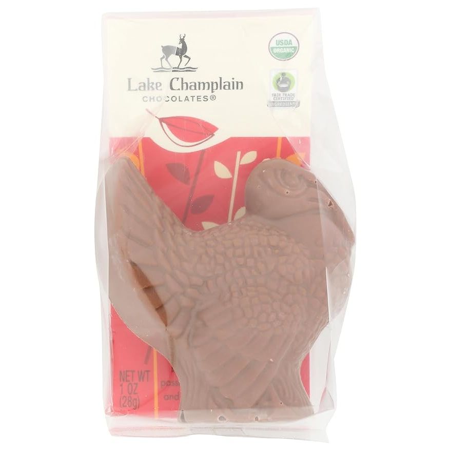 The LAKE CHAMPLAIN CHOCOLATES Organic Milk Chocolate Turkey is a delicious and festive treat that weighs 1 ounce. Made with organic and fair trade certified ingredients, this chocolate turkey is a high-quality product that is sure to please any chocolate lover.