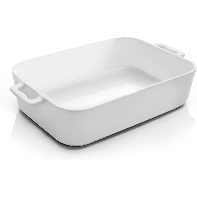 The Deep Ceramic Baking Dish is a 9x13 inch casserole dish designed for use in the oven. It has a large capacity of 152 ounces, making it perfect for serving up hearty meals like lasagna, roasts, or baked dishes. The elegant white design of the dish adds a touch of sophistication to any table setting.