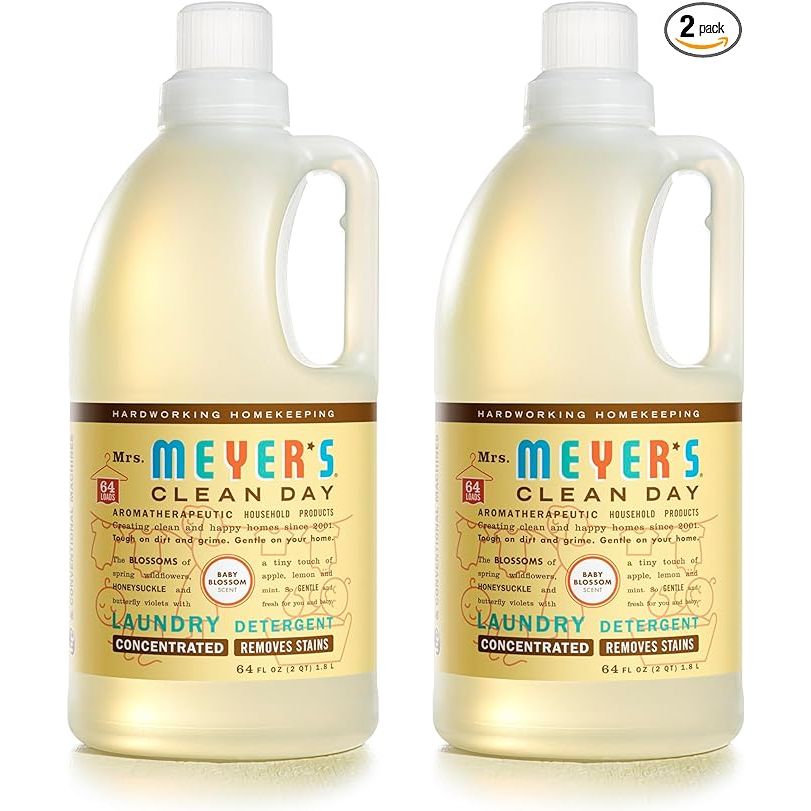 MRS. MEYER'S CLEAN DAY Baby Laundry Detergent Liquid is a plant-based laundry detergent specially formulated for baby's delicate skin. This detergent is gentle on baby's skin and free from harsh chemicals, dyes, and artificial fragrances. It is infused with essential oils for a light, natural scent of Baby Blossom.