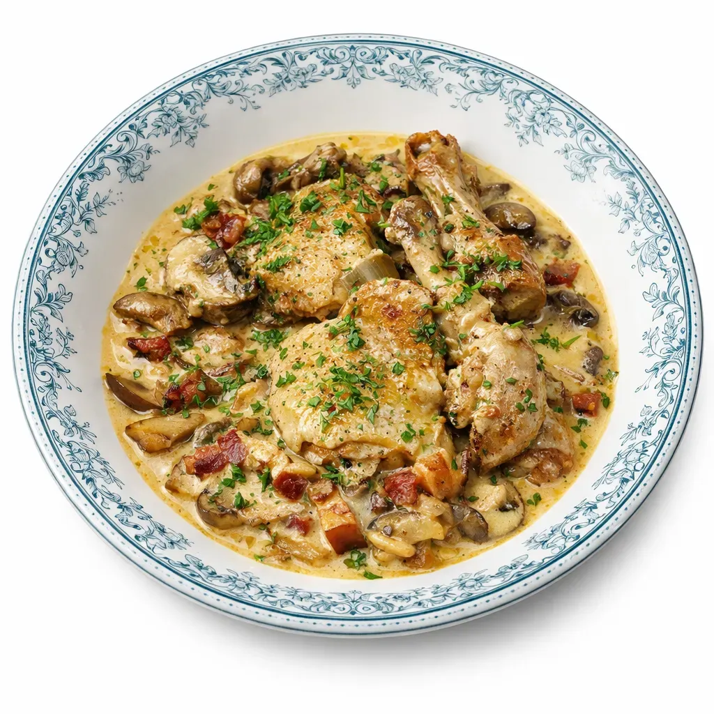 A sumptuous chicken dish blending sweet apples, savory smoked bacon, and a creamy cider-infused sauce, embodying the quintessential flavors of the French countryside.