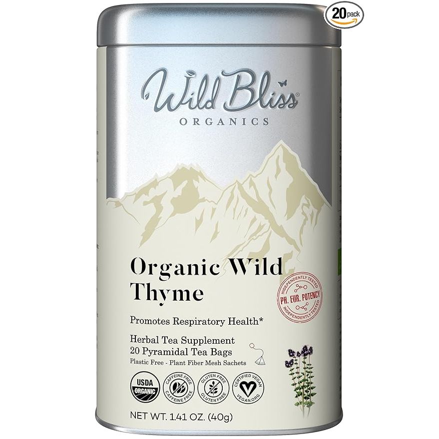 Indulge in the natural health benefits of Wild Bliss USDA Certified Organic Thyme Tea. Harvested from the wild meadows of the Carpathian Mountains, our dried thyme is rich in thymol and other volatile oils that have long been used to promote respiratory health and digestive comfort by traditional healers.