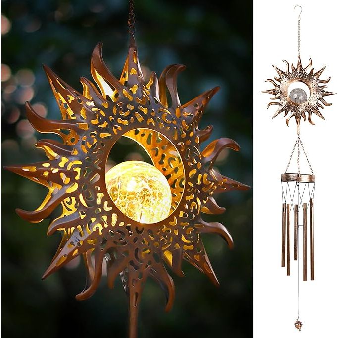 The Exclusive Night Sun Wind Chime is a captivating addition to any outdoor space, bringing a cozy glow and soothing sounds to your evenings. The novel hollowed-out design allows light to shine through the sun-shaped metal icon, creating an even more luminous effect.