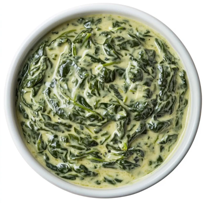 Creamed Spinach is a lush and velvety side dish that features fresh spinach leaves luxuriously folded into a thick, creamy sauce. The sauce is composed mainly of heavy cream, butter, and flour, creating a smooth and rich concoction that pairs excellently with the mildly earthy taste of the spinach.