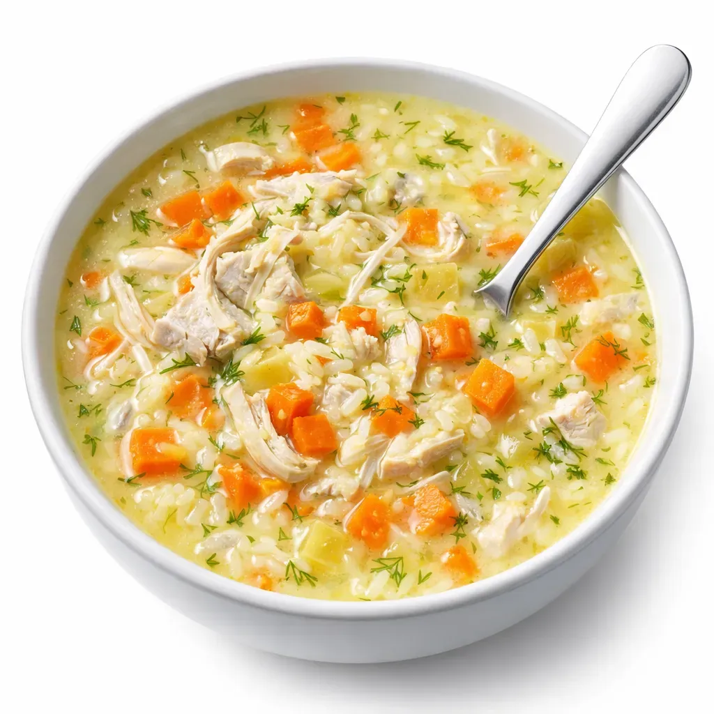 A comforting Greek lemon chicken and rice soup with a smooth, creamy texture and balanced flavors.