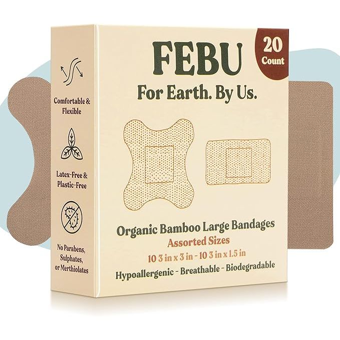 FEBU Eco-Friendly Large Organic Bamboo Bandages are a sustainable alternative to traditional plastic bandages. Made from organic bamboo and free from PFAS, these bandages are environmentally friendly and safe for your skin. The flexible fabric material is gentle on the skin and provides comfortable coverage for scrapes and cuts.