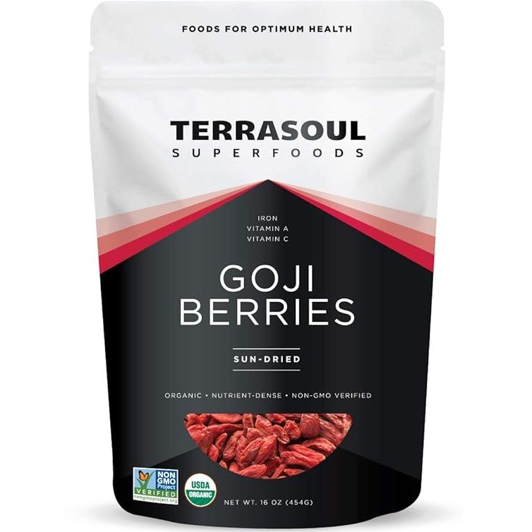 Terrasoul Superfoods Organic Goji Berries are a popular superfood known for their high nutritional value and antioxidant properties. Each 16 oz package contains large-sized goji berries that have a chewy texture, making them a versatile ingredient for various recipes or a convenient snack option.