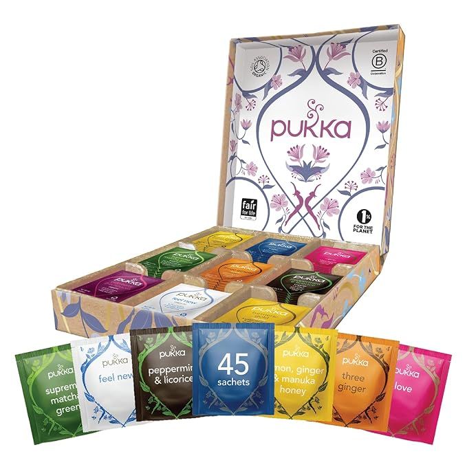 The Pukka Tea Gift Box is a curated selection of herbal health and wellness teas, perfect for self-care and relaxation. This gift box includes 45 tea bags in 9 different flavors, making it an ideal choice for birthdays, anniversaries, and holidays.