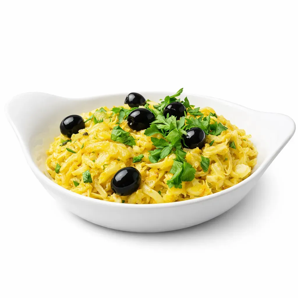 A comforting Portuguese classic that combines flaked codfish, crispy fried potatoes, and creamy eggs, garnished with black olives and parsley.