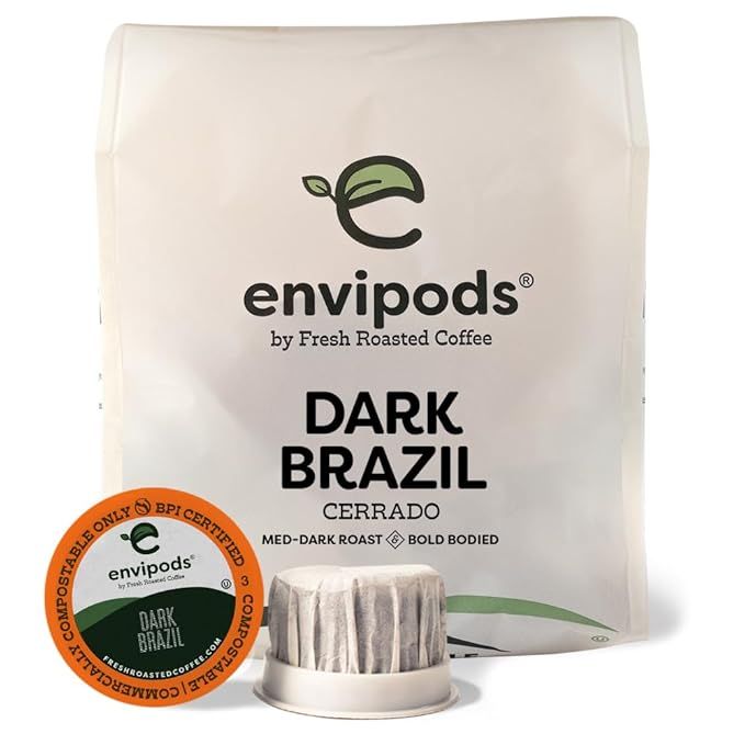 Fresh Roasted Coffee's Dark Brazil Compostable Envipods are a medium-dark roast coffee pod option for Keurig K Cup brewers. These pods are kosher-certified and come in a 12-count pack. They are designed to be environmentally friendly and fully compostable, making them a sustainable choice for coffee lovers.