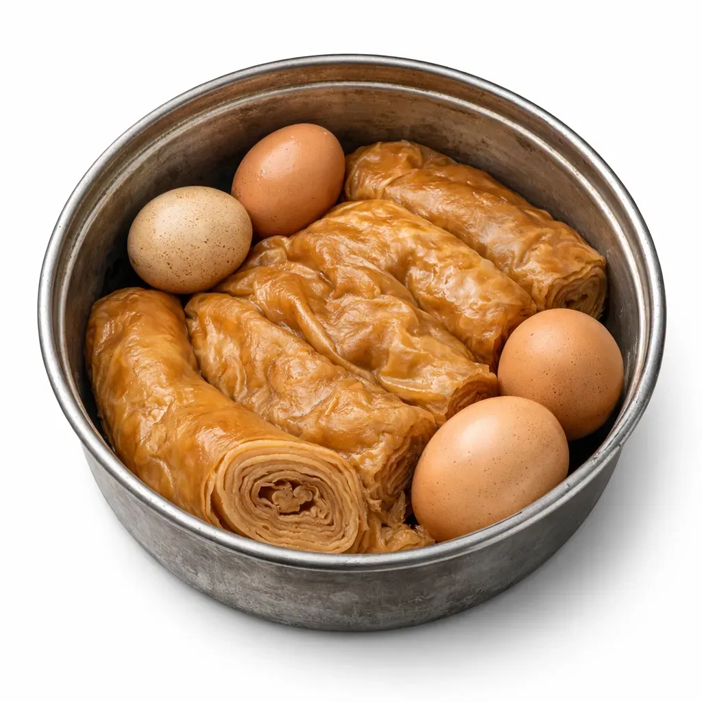 Jachnun is a traditional Yemeni-Jewish pastry known for its rich, flaky texture, typically served with hard-boiled eggs and a fresh tomato sauce, making it ideal for breakfast or brunch, especially on Shabbat.