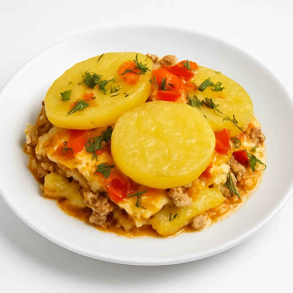 A hearty and delicious European dish featuring layers of tender potatoes, savory minced meat, and fresh vegetables topped with crispy cheese, perfect for family dinners.