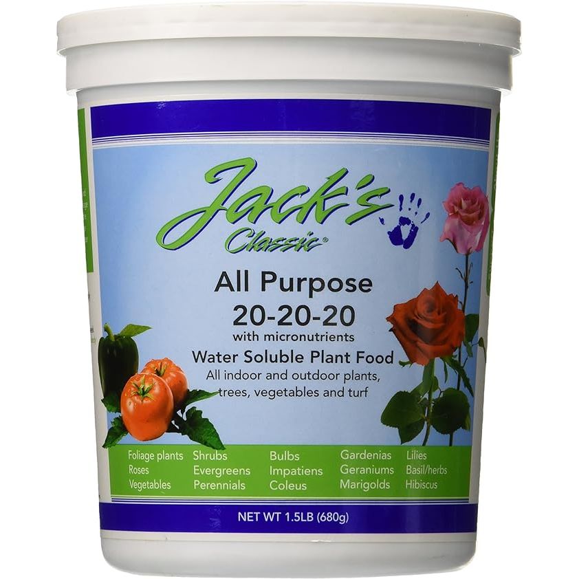 Jack's Classic 20-20-20 All Purpose Water-Soluble Fertilizer is a balanced formula that contains essential nutrients to support the general growth of all types of plants. This 1.5lb container of fertilizer is water-soluble, making it easy to mix and apply to your plants.