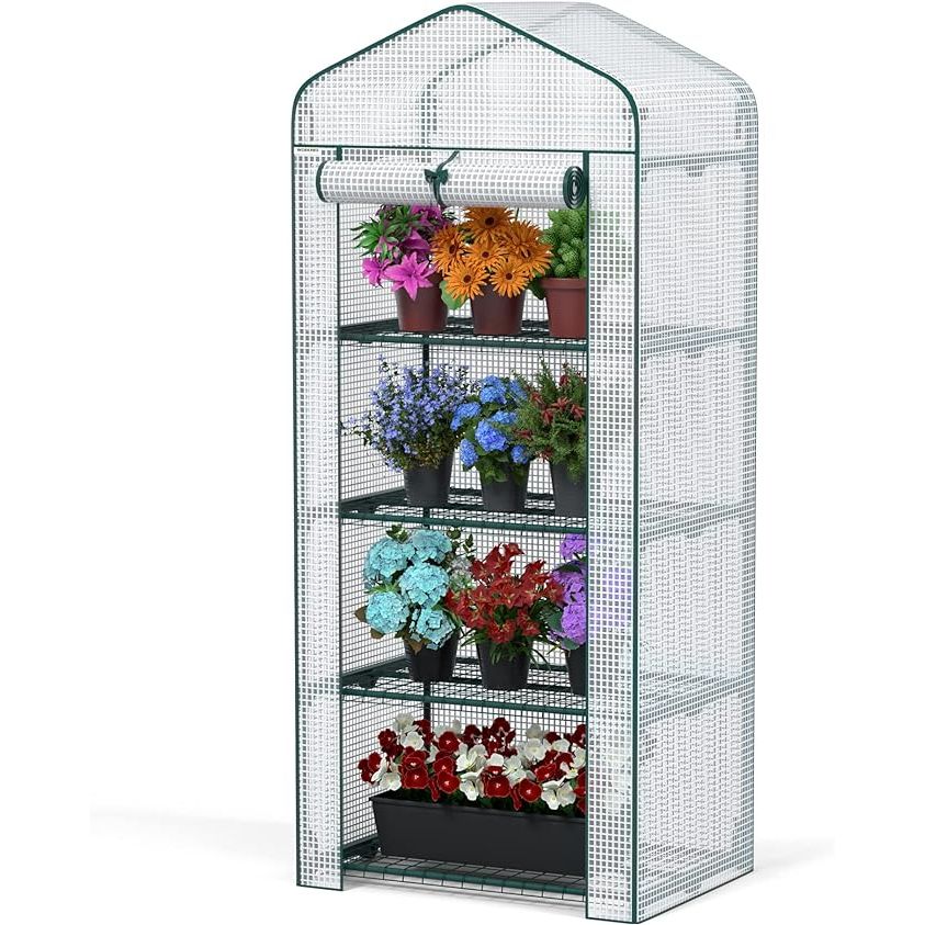 The WORKPRO Mini Greenhouse is a 4-tier portable small greenhouse designed for both indoor and outdoor use. Measuring 27 inches in length, 19 inches in width, and 63 inches in height, this greenhouse provides ample space for growing a variety of plants, flowers, herbs, and vegetables.