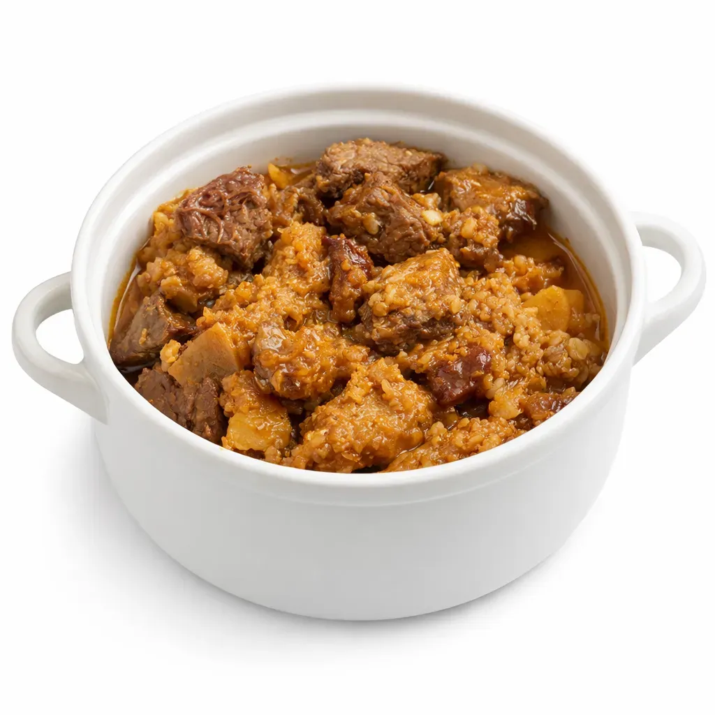 A traditional Jewish comfort dish, Cholent is a slow-cooked stew that combines beef, grains, and beans for a hearty meal, perfect for Shabbat lunches.