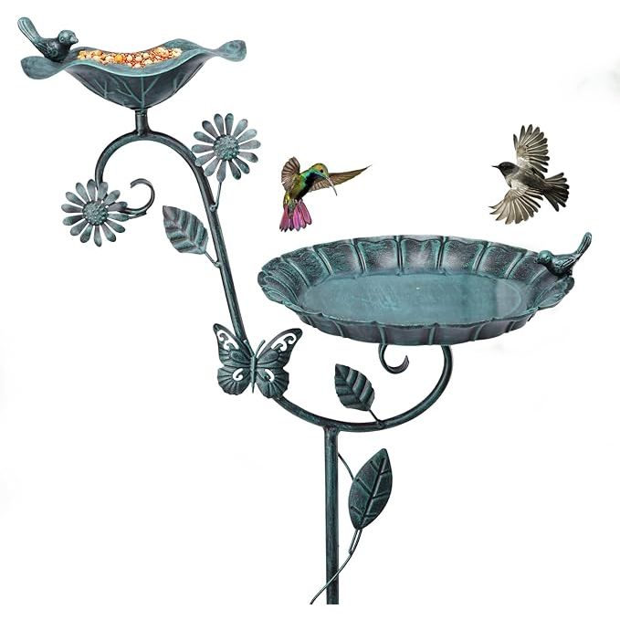 The MUMTOP Bird Bath for Outdoors is a 53-inch tall metal birdbath that is designed to be a decorative and functional addition to any outdoor space. This antique-style bird bath features a metal stake for easy installation in the ground, making it a great option for gardens, yards, or lawns.