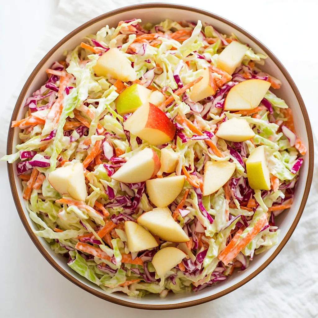 Apple Coleslaw is a refreshing twist on the classic coleslaw recipe. This dish combines the crisp crunch of shredded cabbage and carrots with the sweet flavor of fresh apples. Tossed in a light and creamy dressing made with mayonnaise, vinegar, and a touch of sugar, this salad is both tangy and sweet.