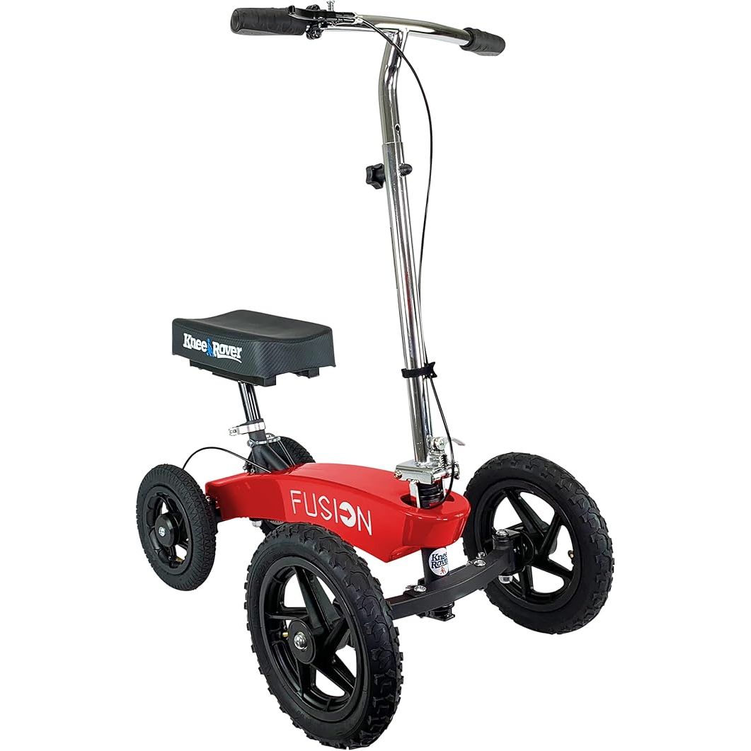 The KneeRover All Terrain Fusion is a patented knee scooter designed for adults recovering from foot surgery, broken ankles, or foot injuries. It features 4-wheel steering for improved maneuverability, making it easier to navigate rough or uneven terrain.