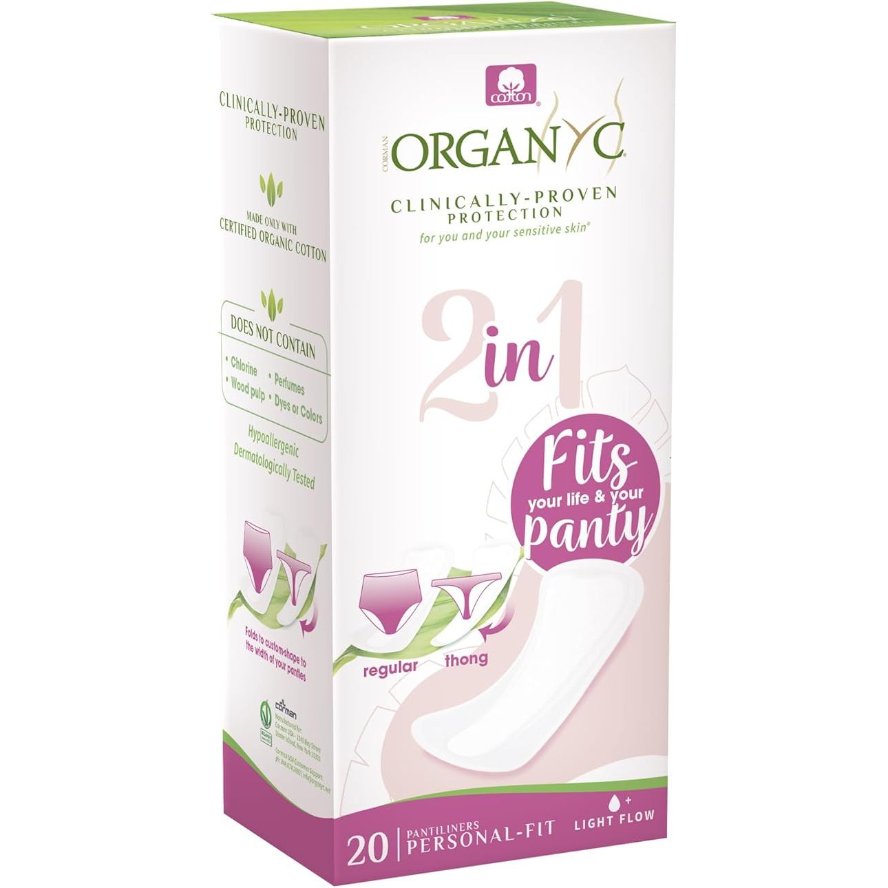 Organyc 100% Certified Organic Cotton 2 in 1 Panty Liners are designed for women who want a natural and eco-friendly option for their feminine hygiene needs. These panty liners are made from 100% organic cotton, which is gentle on the skin and free from harmful chemicals and synthetic materials.