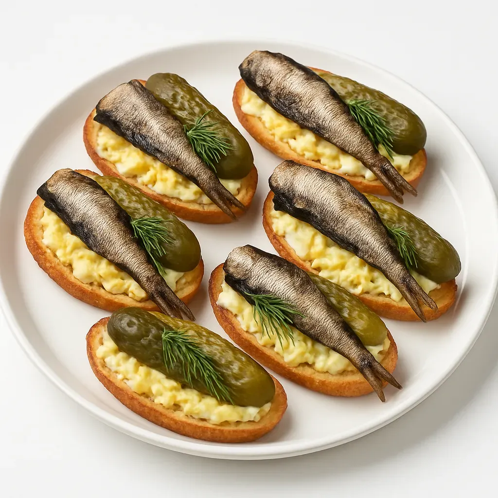 Delve into the heart of Ukrainian cuisine with these Egg and Sprats Canapes, where creamy egg mixture, savory smoked sprats, and tangy pickles come together on a slice of fresh baguette for a delicious appetizer or snack.