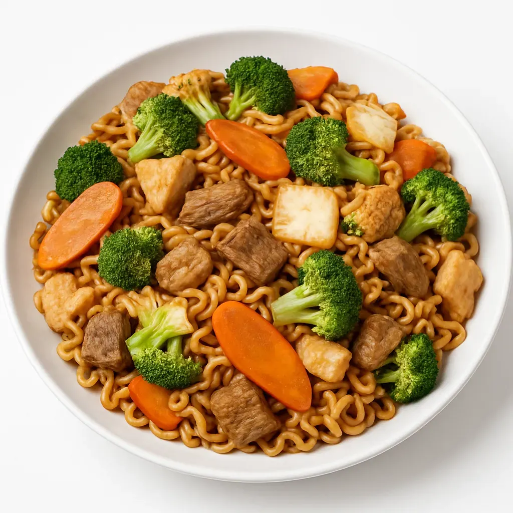 A beloved Japanese-inspired stir-fried noodle dish combining tender chicken and beef with vibrant vegetables and a savory homemade sauce, perfect for busy weeknights.