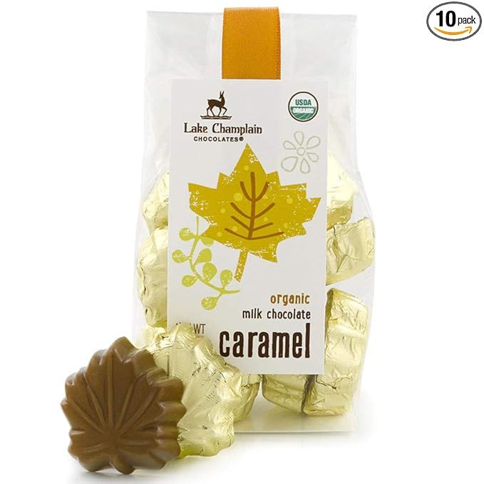 The LAKE CHAMPLAIN CHOCOLATES Organic Milk Chocolate Caramel Leaves Gift Bag contains 5 ounces of gourmet milk chocolate treats. These chocolate leaves are crafted with organic and fair trade certified ingredients, making them a delicious and ethical choice for gifting or enjoying yourself.