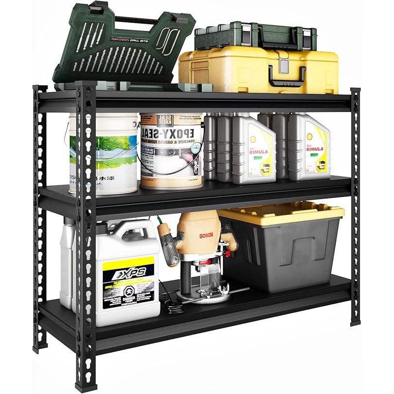 The 3-Tier Garage Shelving is a heavy-duty metal shelving unit measuring 40 inches in width, 18 inches in depth, and 36 inches in height. It has a weight capacity of 1320 lbs, making it ideal for storing heavy items such as multiple tanks, aquariums, pantry supplies, and tools in a garage or storage space.