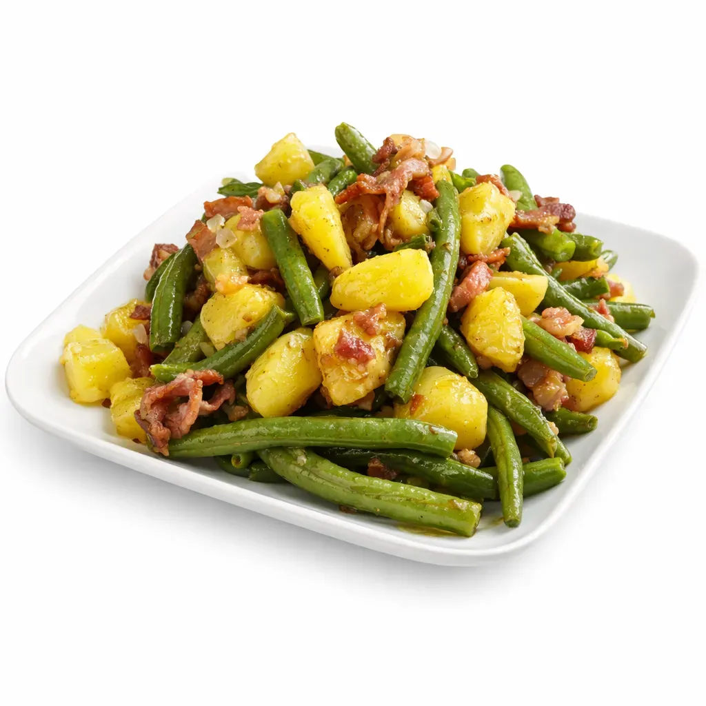A warm and hearty Belgian salad with potatoes, green beans, and smoked bacon in a warm vinaigrette, perfect as a main course or substantial side dish.