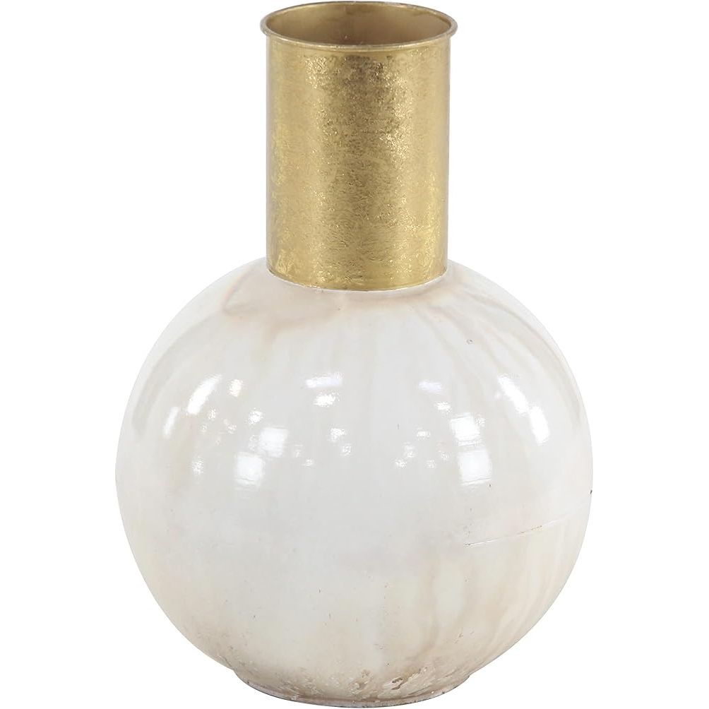 The CosmoLiving by Cosmopolitan Metal Vase with Gold Accent is a stylish and modern addition to any home decor. Measuring 10" x 10" x 14", this white vase features a sleek metal design with gold accents that add a touch of elegance to any room.