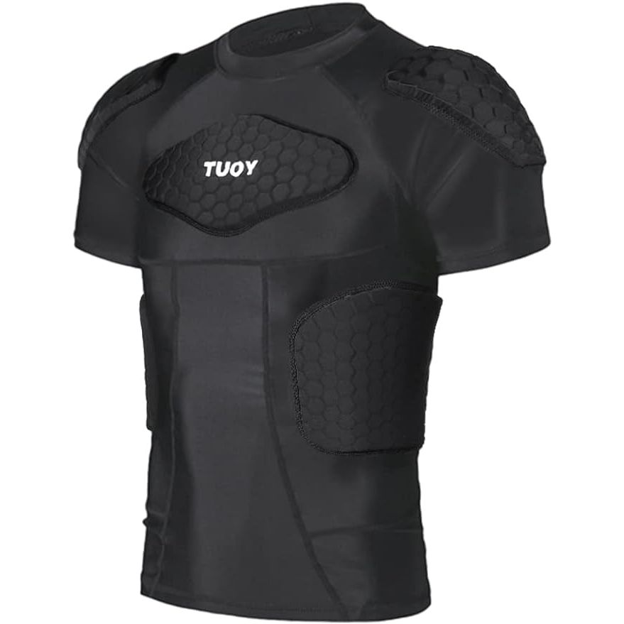The TUOY Men's Padded Compression Shirt is a protective sports garment designed to provide added support and cushioning during physical activities such as football, paintball, and baseball. The shirt features padded inserts on the chest and ribs to help absorb impact and reduce the risk of injury during contact sports.