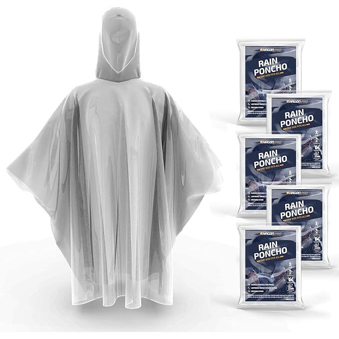 Hagon PRO Disposable Rain Ponchos for Adults is a pack of 5 high-quality, one-size-fits-all ponchos designed to keep you dry during rainy weather. Made from durable, environmentally friendly PE plastic material, these ponchos are lightweight and portable, making them perfect for outdoor activities such as hiking, camping, and sporting events.