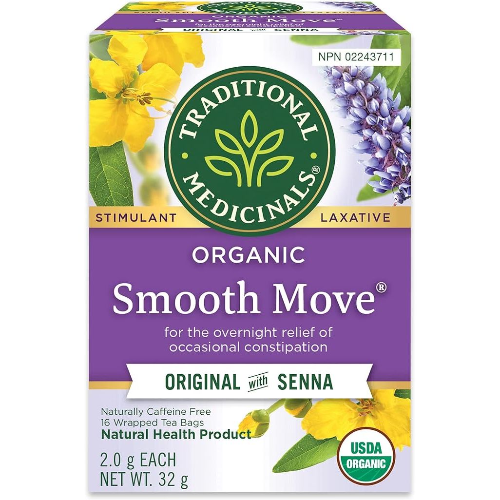 The Traditional Medicinals Organic Smooth Move Laxative Herbal Tea is a pack of 1 that provides gentle overnight relief for occasional constipation. It contains 16 tea bags total, each infused with organic ingredients known for their laxative properties.