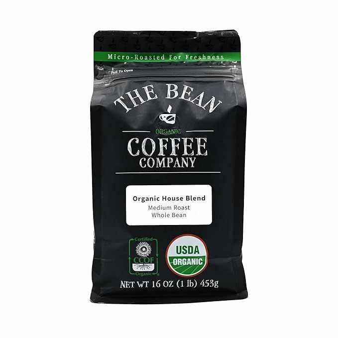 The Bean Organic Coffee Company House Blend is a medium roast whole bean coffee that comes in a 16-ounce bag. This blend is made with 100% USDA organic Arabica beans sourced from top coffee-growing regions around the world.