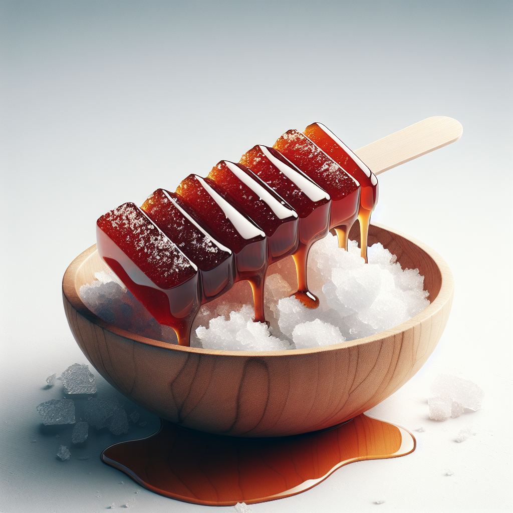 Maple Taffy, also known as tire sur la neige in French, is a traditional Canadian confection that is simply made by pouring hot maple syrup over fresh snow. The cold snow quickly chills the syrup, transforming it into a soft candy as it sets. It's a quintessential winter treat that is both fun to make and delicious to eat.