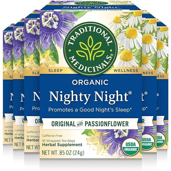 Traditional Medicinals Nighty Night is a herbal tea blend designed to promote relaxation and improve sleep quality. Each tea bag contains a mixture of organic ingredients including passionflower, chamomile, valerian root, and lemon balm, known for their calming and sedative properties.