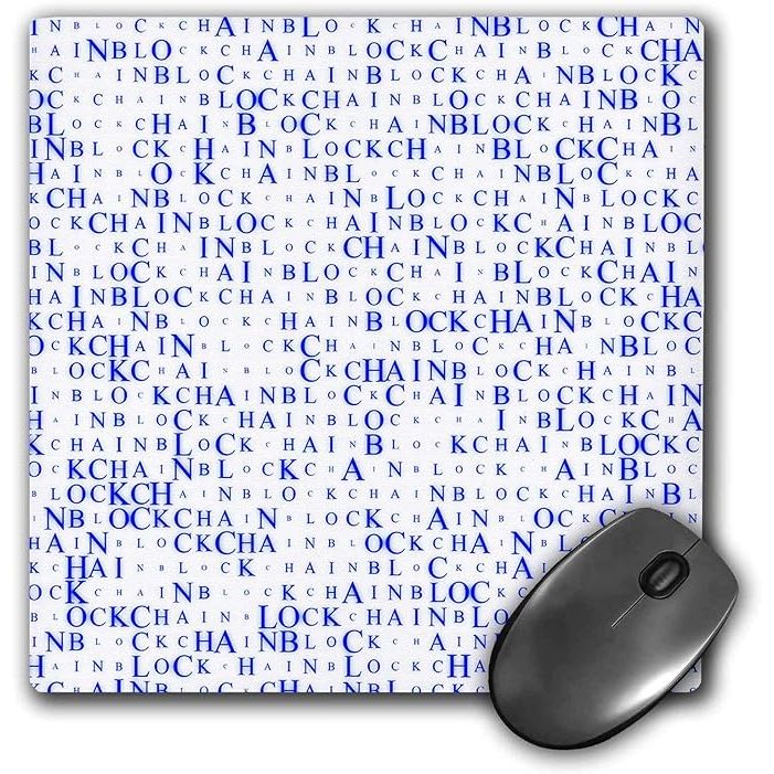 The 3dRose Alexis Design mousepad features a unique and modern pattern called Blockchain, with blue text on a white background. This design is inspired by digital finance and technology, making it a great accessory for anyone interested in the blockchain industry.