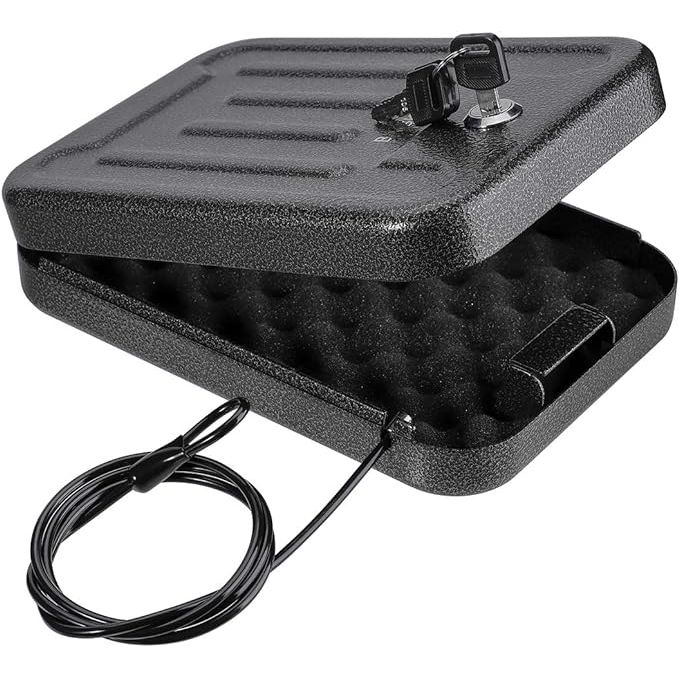 The Portable Security Lock Box is a compact and secure storage solution for keeping valuables, firearms, and important documents safe. It comes with a patented 39-inch security cable that allows you to easily tether the lock box to a fixed object for added security. This portable safe box is ideal for travel, home, office, or even in your car.