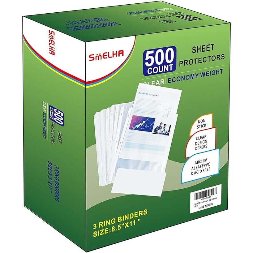 Sheet protectors are clear plastic sleeves designed to hold and protect sheets of paper in a variety of settings. The Sheet Protectors 500 Page, Page Protector 8.5" x 11" is a pack of sheet protectors specifically made to hold letter-sized paper (8.5" x 11") securely in place.