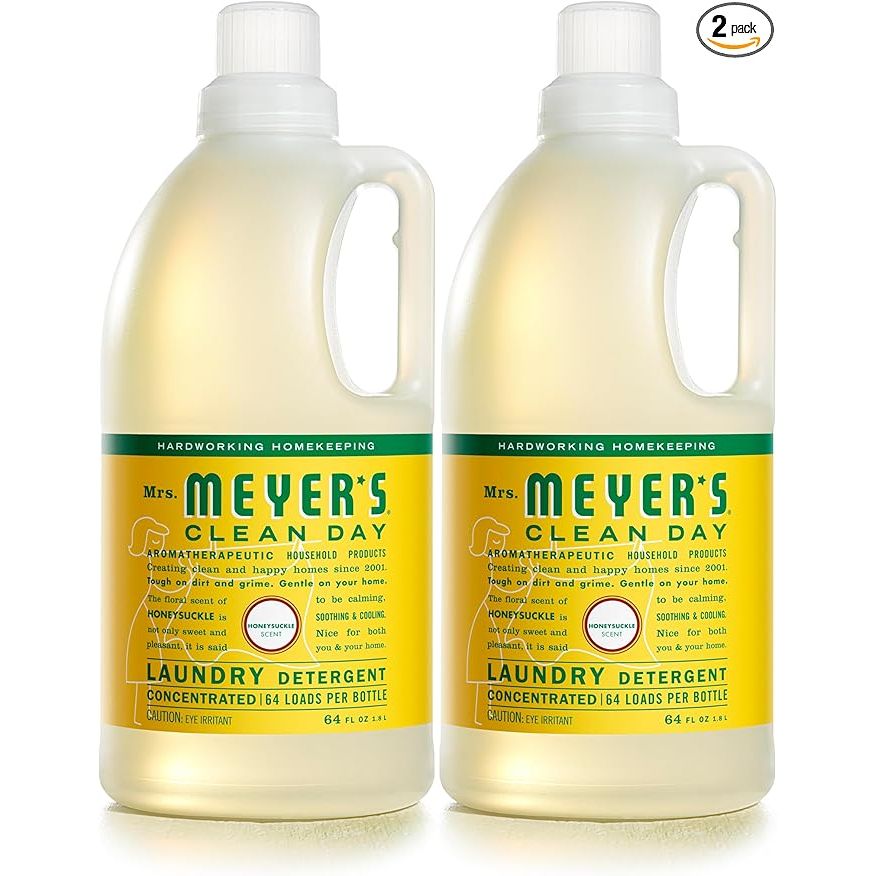 Mrs. Meyer's Clean Day Liquid Laundry Detergent is a popular eco-friendly laundry detergent that is biodegradable and infused with essential oils. The honeysuckle scent leaves clothes smelling fresh and clean without any harsh chemicals. This pack includes two 64 oz bottles, which provides up to 128 loads of laundry per bottle.