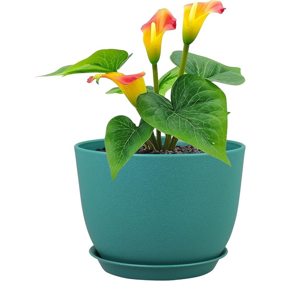 Plant pots in 12 inch size are ideal for accommodating large indoor and outdoor plants. These plastic planters come with drainage holes and saucers, making them suitable for preventing waterlogging and ensuring proper plant growth. The modern decorative pots in a blue green color add a stylish touch to any garden or houseplant collection.