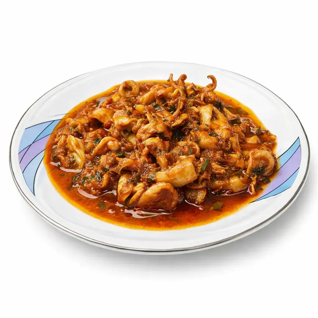 A traditional Greek dish featuring tender squid cooked in a rich tomato sauce, perfect for family meals.